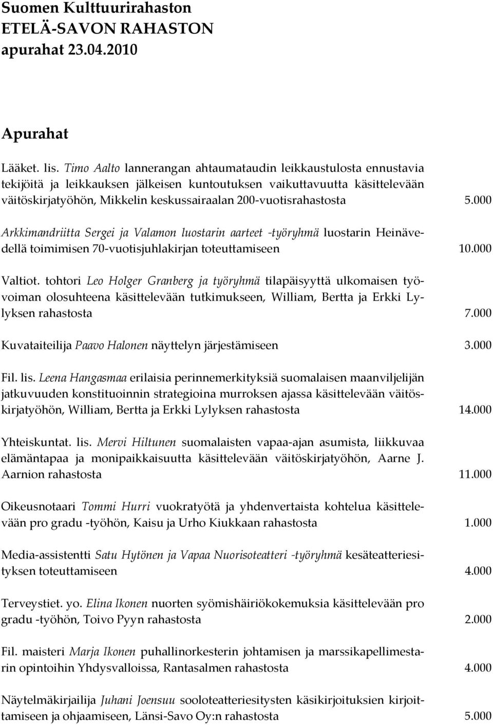 200-vuotisrahastosta 5.000 Arkkimandriitta Sergei ja Valamon luostarin aarteet -työryhmä luostarin Heinävedellä toimimisen 70-vuotisjuhlakirjan toteuttamiseen 10.000 Valtiot.