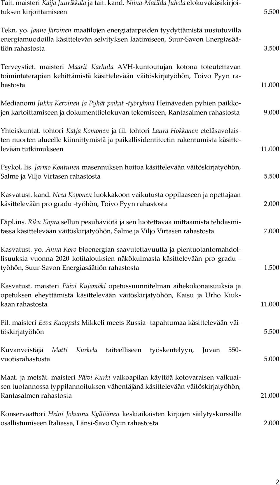 maisteri Maarit Karhula AVH-kuntoutujan kotona toteutettavan toimintaterapian kehittämistä käsittelevään väitöskirjatyöhön, Toivo Pyyn rahastosta 11.