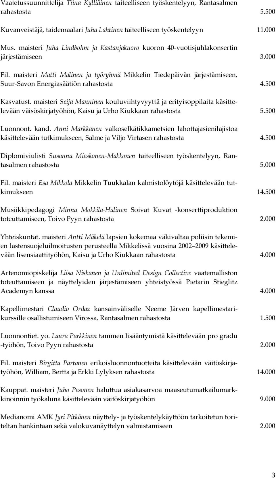 maisteri Matti Malinen ja työryhmä Mikkelin Tiedepäivän järjestämiseen, Suur-Savon Energiasäätiön rahastosta 4.500 Kasvatust.