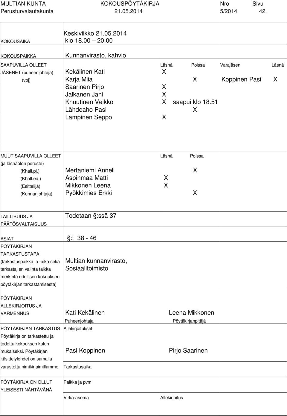 Knuutinen Veikko X saapui klo 18.51 Lähdeaho Pasi X Lampinen Seppo X MUUT SAAPUVILLA OLLEET Läsnä Poissa (ja läsnäolon peruste) (Khall.pj.) Mertaniemi Anneli X (Khall.ed.