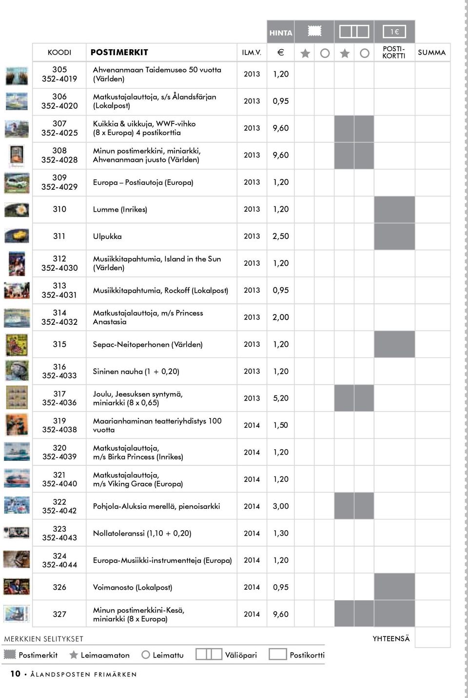 WWF-vihko (8 x Europa) 4 postikorttia Minun postimerkkini, miniarkki, Ahvenanmaan juusto (världen) 2013 0,95 2013 9,60 2013 9,60 309 352-4029 Europa Postiautoja (Europa) 2013 1,20 310 Lumme (Inrikes)