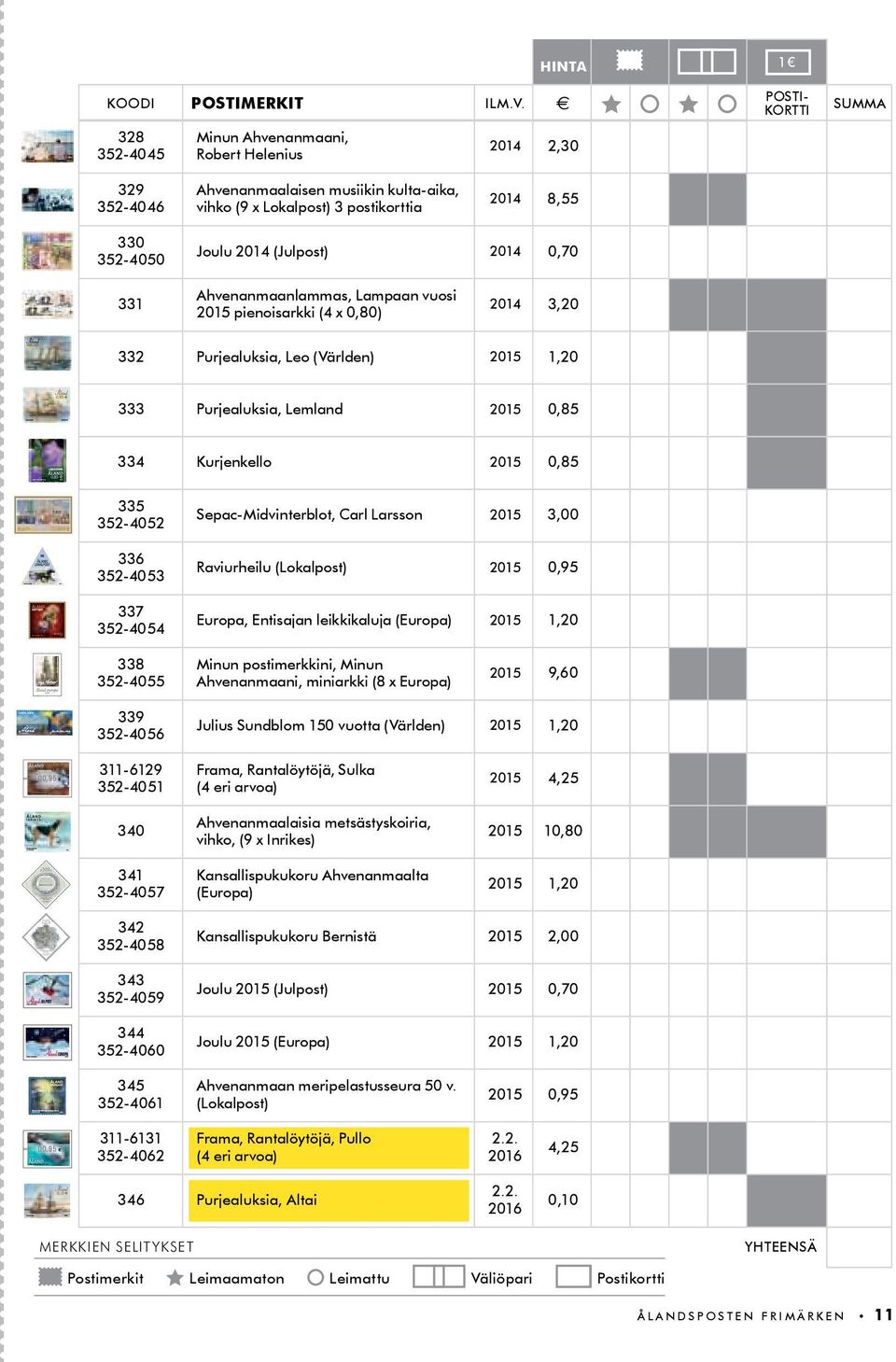 2014 (Julpost) 2014 0,70 331 Ahvenanmaanlammas, Lampaan vuosi 2015 pienoisarkki (4 x 0,80) 2014 3,20 332 Purjealuksia, Leo (världen) 2015 1,20 333 Purjealuksia, Lemland 2015 0,85 334 Kurjenkello 2015