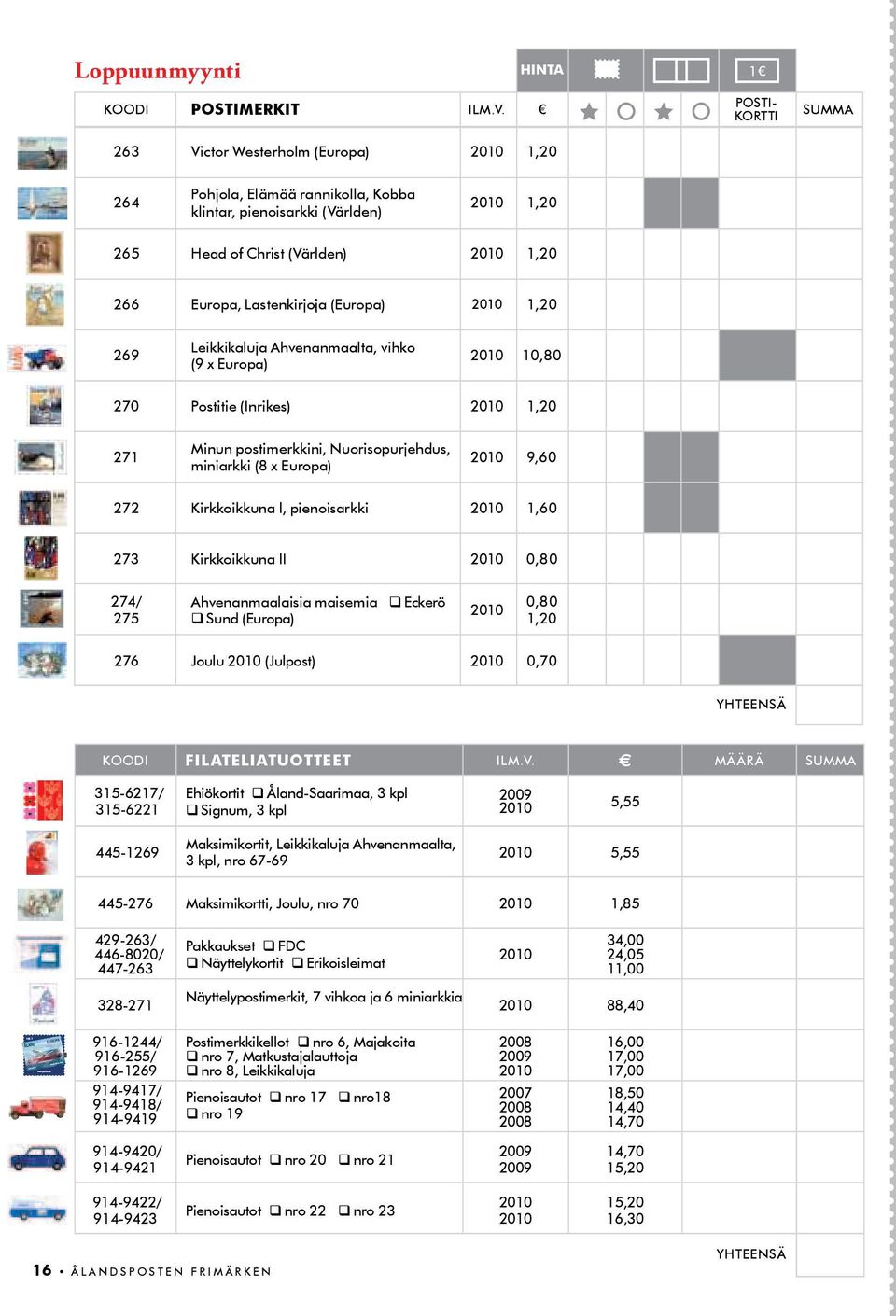 Lastenkirjoja (Europa) 2010 1,20 269 Leikkikaluja Ahvenanmaalta, vihko (9 x Europa) 2010 10,80 270 Postitie (Inrikes) 2010 1,20 271 Minun postimerkkini, Nuorisopurjehdus, miniarkki (8 x Europa) 2010