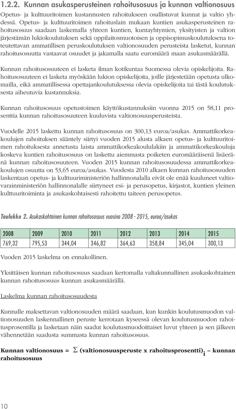 oppilaitosmuotoisen ja oppisopimuskoulutuksena toteutettavan ammatillisen peruskoulutuksen valtionosuuden perusteista lasketut, kunnan rahoitusosuutta vastaavat osuudet ja jakamalla saatu euromäärä