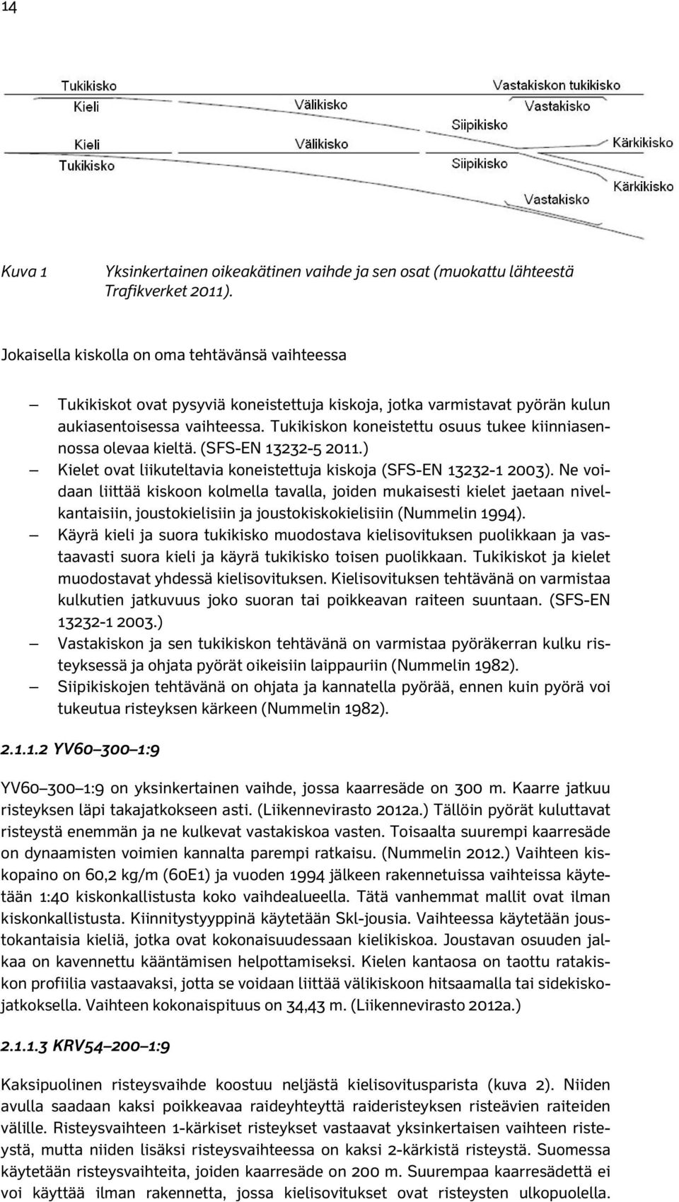 Tukikiskon koneistettu osuus tukee kiinniasennossa olevaa kieltä. (SFS-EN 13232-5 2011.) Kielet ovat liikuteltavia koneistettuja kiskoja (SFS-EN 13232-1 2003).