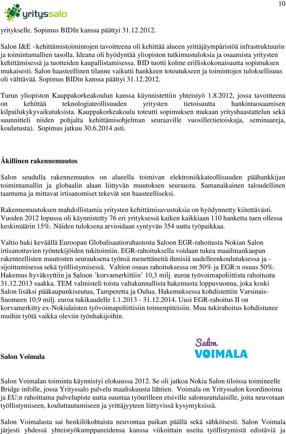 Salon haasteellinen tilanne vaikutti hankkeen toteutukseen ja toimintojen tuloksellisuus oli välttävää. Sopimus BIDin kanssa päättyi 31.12.2012.