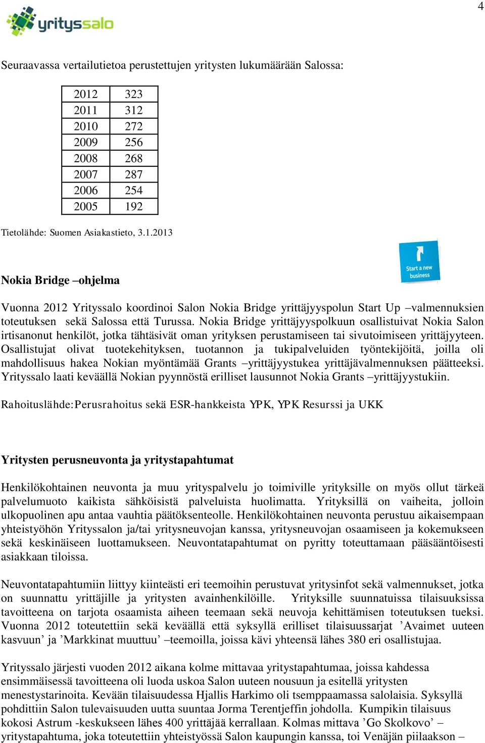 Nokia Bridge yrittäjyyspolkuun osallistuivat Nokia Salon irtisanonut henkilöt, jotka tähtäsivät oman yrityksen perustamiseen tai sivutoimiseen yrittäjyyteen.