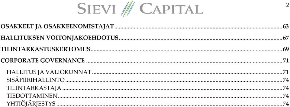 .. 67 TILINTARKASTUSKERTOMUS... 69 CORPORATE GOVERNANCE.