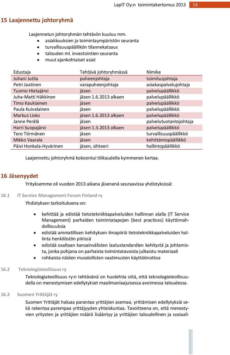 Hietajärvi jäsen palvelupäällikkö Juha-Matti Häkkinen jäsen 1.6.2013 alkaen palvelupäällikkö Timo Kaukiainen jäsen palvelupäällikkö Paula Kuivalainen jäsen palvelupäällikkö Markus Lisko jäsen 1.6.2013 alkaen palvelupäällikkö Janne Perälä jäsen palvelutuotantojohtaja Harri Suopajärvi jäsen 1.