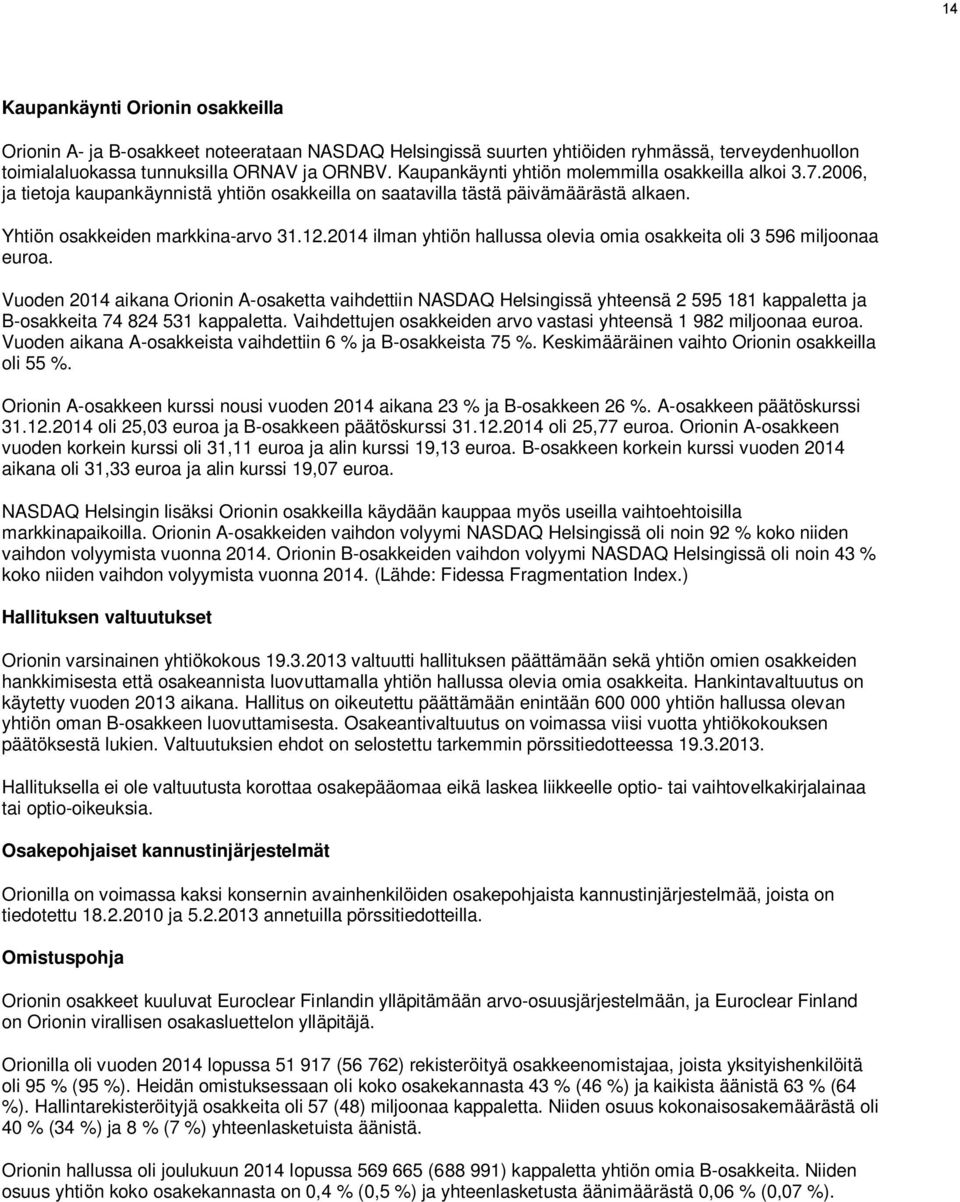 2014 ilman yhtiön hallussa olevia omia osakkeita oli 3 596 miljoonaa euroa.