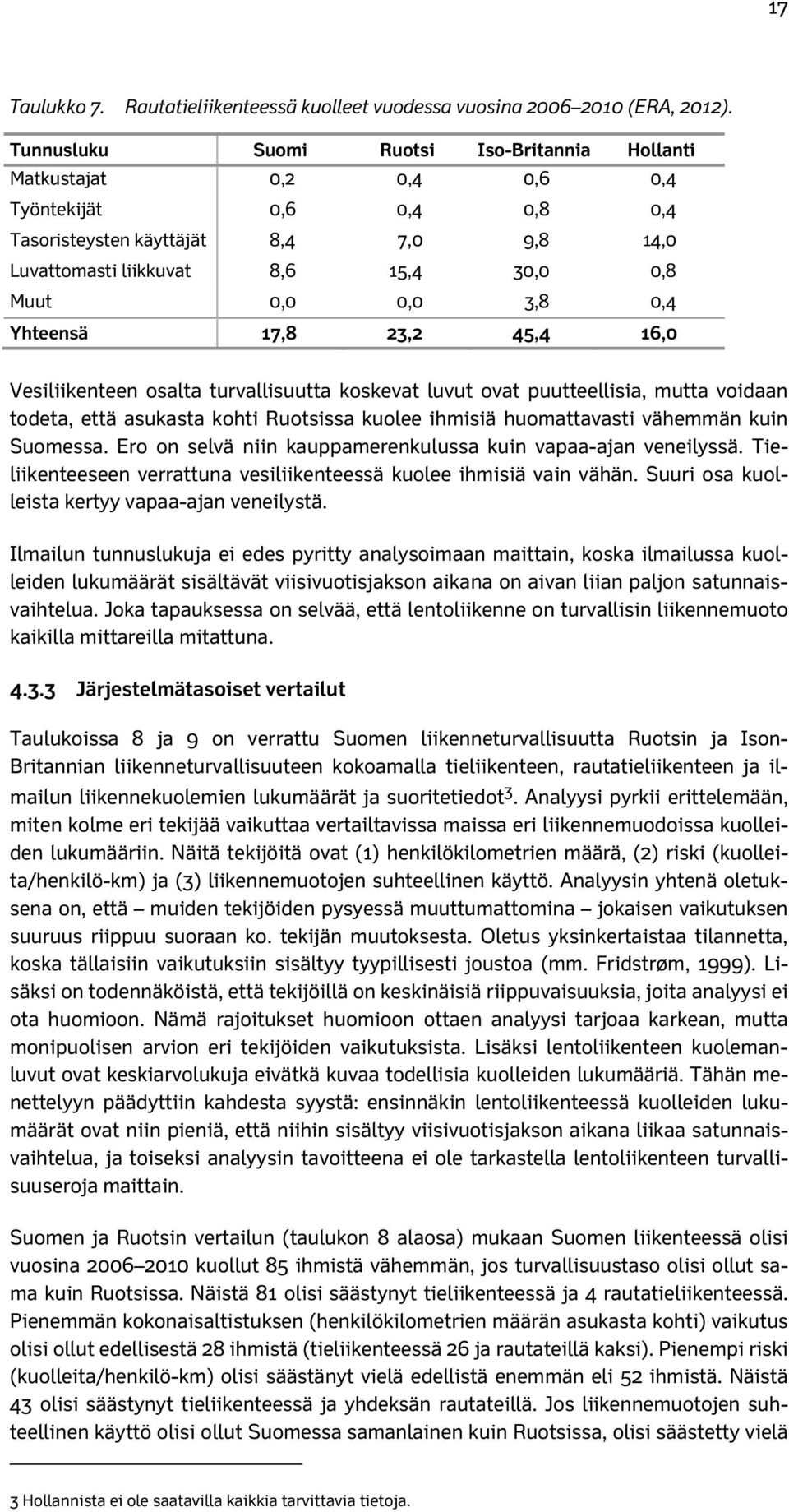 3,8 0,4 Yhteensä 17,8 23,2 45,4 16,0 Vesiliikenteen osalta turvallisuutta koskevat luvut ovat puutteellisia, mutta voidaan todeta, että asukasta kohti Ruotsissa kuolee ihmisiä huomattavasti vähemmän