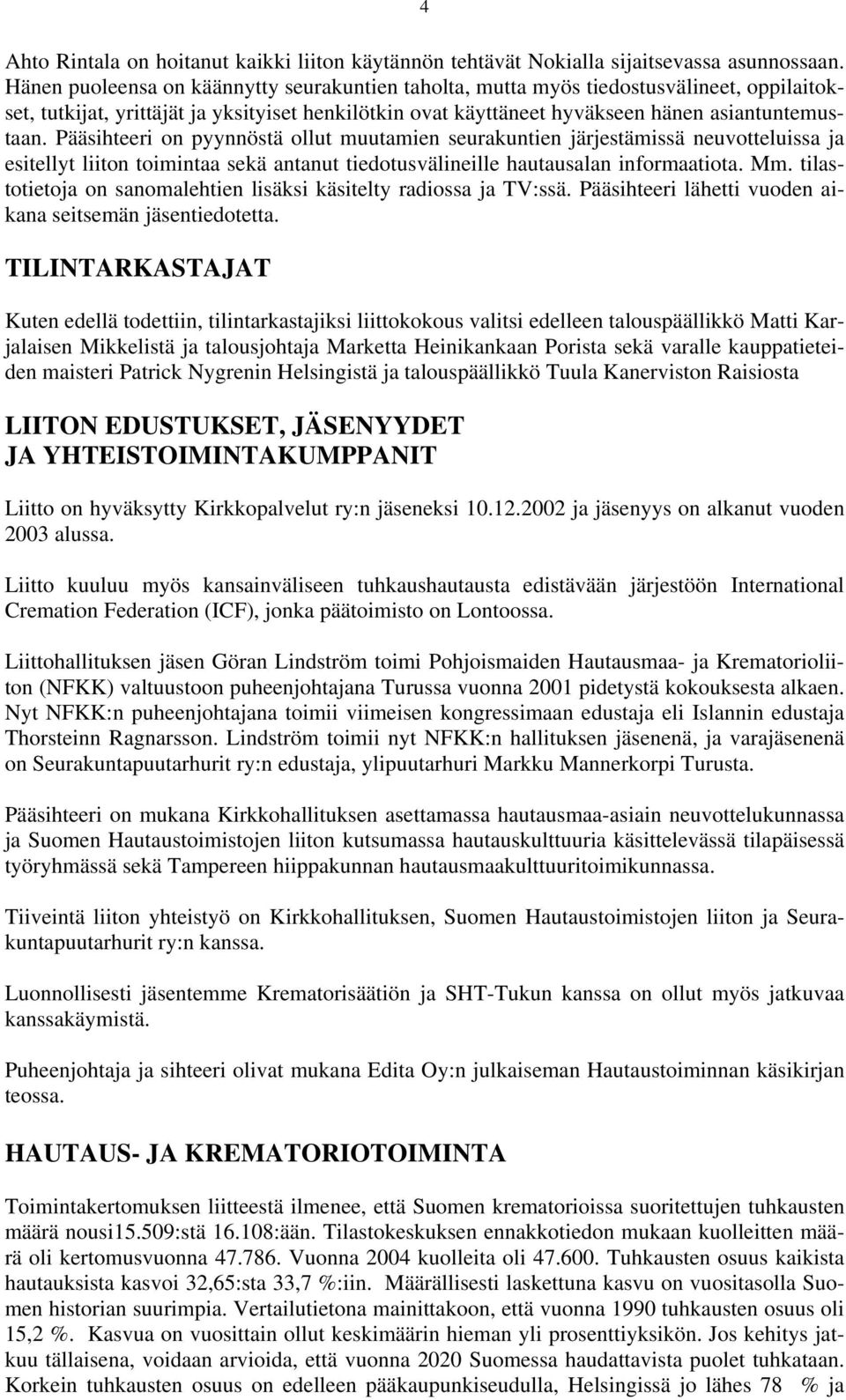 Pääsihteeri on pyynnöstä ollut muutamien seurakuntien järjestämissä neuvotteluissa ja esitellyt liiton toimintaa sekä antanut tiedotusvälineille hautausalan informaatiota. Mm.
