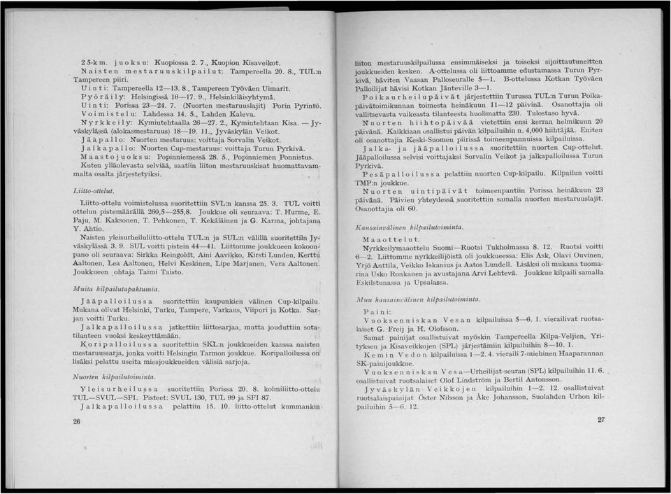 Ny r k k e i 1 y: Kymintehtaalla 26-27. 2., Kymintehtaan Kisa. - Jyväskylässä. (alokasmestaruus) 18-19. 11., Jyväskylän Veikot. Jää P a 11 0: Nuorten mestan.lus: voittaja Sorvalin Veikot.