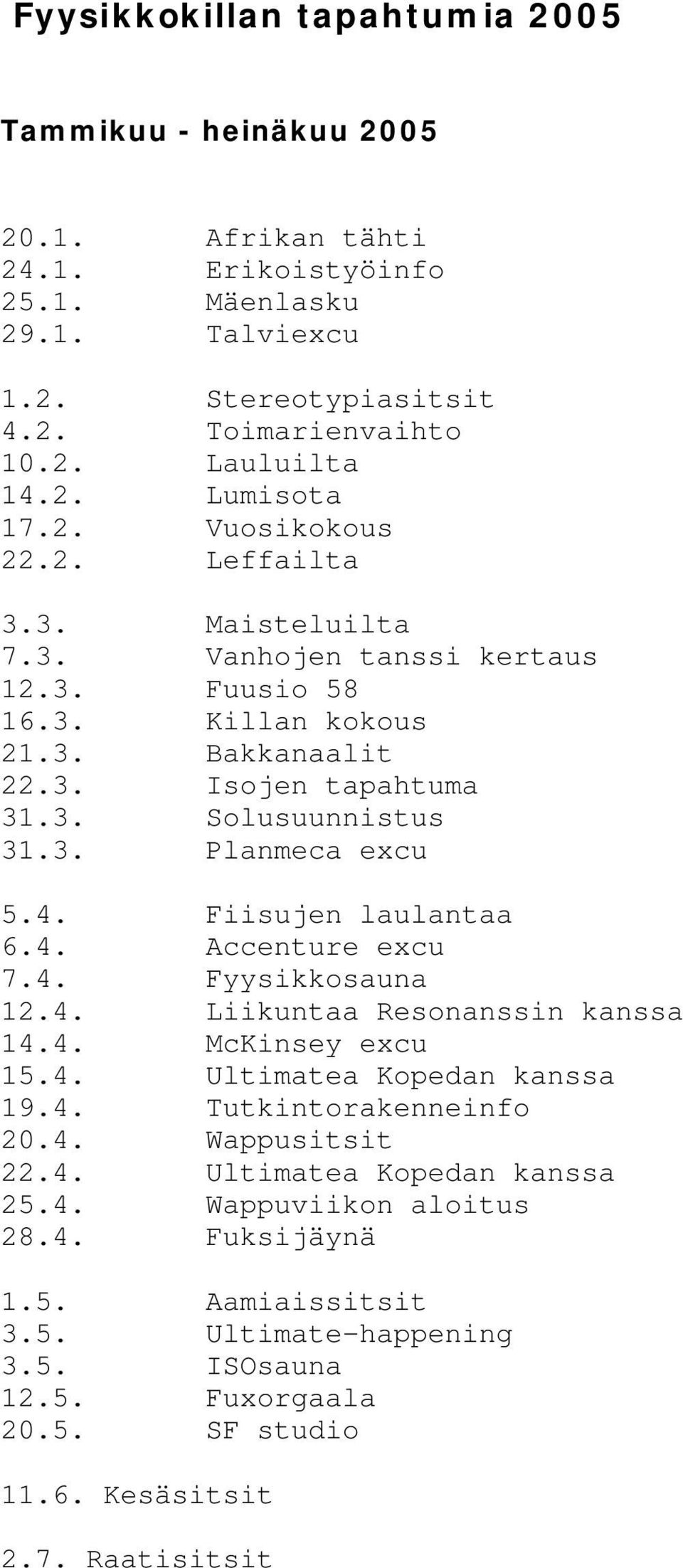 4. Fiisujen laulantaa 6.4. Accenture excu 7.4. Fyysikkosauna 12.4. Liikuntaa Resonanssin kanssa 14.4. McKinsey excu 15.4. Ultimatea Kopedan kanssa 19.4. Tutkintorakenneinfo 20.4. Wappusitsit 22.4. Ultimatea Kopedan kanssa 25.