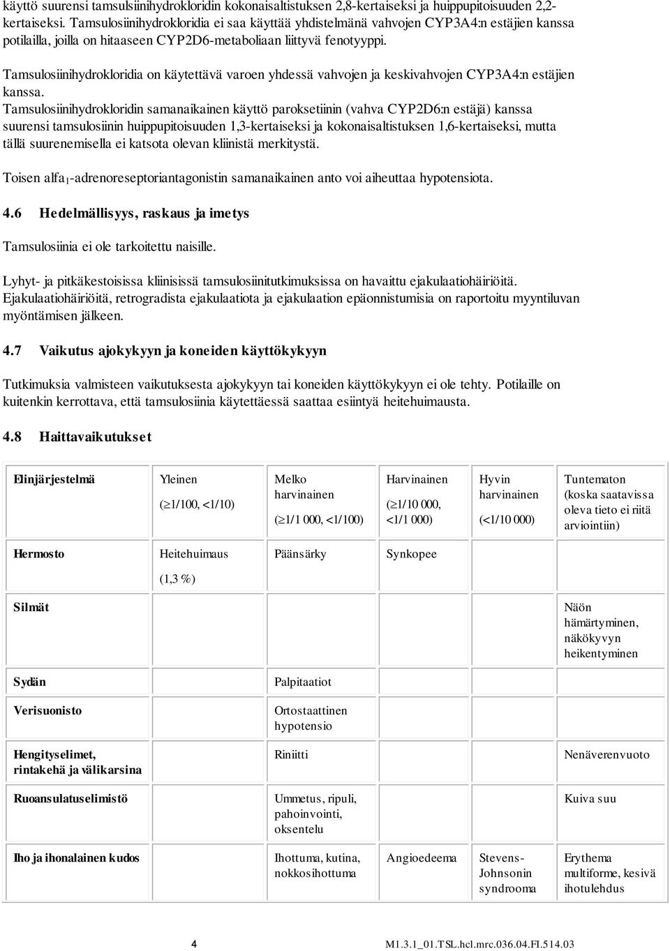 Tamsulosiinihydrokloridia on käytettävä varoen yhdessä vahvojen ja keskivahvojen CYP3A4:n estäjien kanssa.