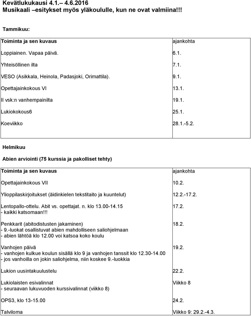 .1. 28.1.-5.2. Helmikuu Abien arviointi (75 kurssia ja pakolliset tehty) Opettajainkokous VII Ylioppilaskirjoitukset (äidinkielen tekstitaito ja kuuntelut) Lentopallo-ottelu. Abit vs. opettajat. n.