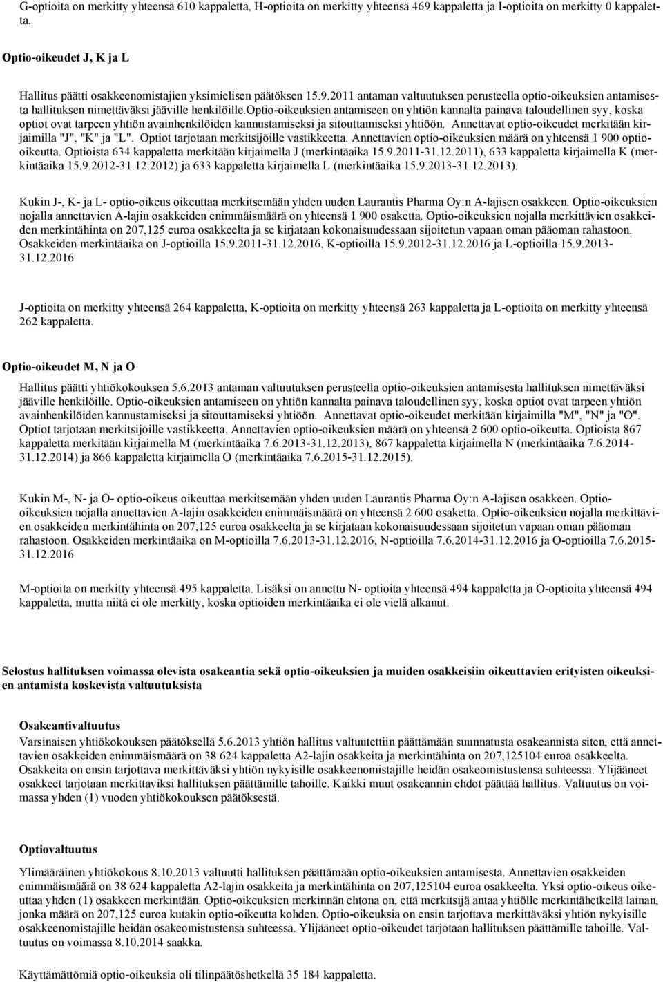 2011 antaman valtuutuksen perusteella optio-oikeuksien antamisesta hallituksen nimettäväksi jääville henkilöille.