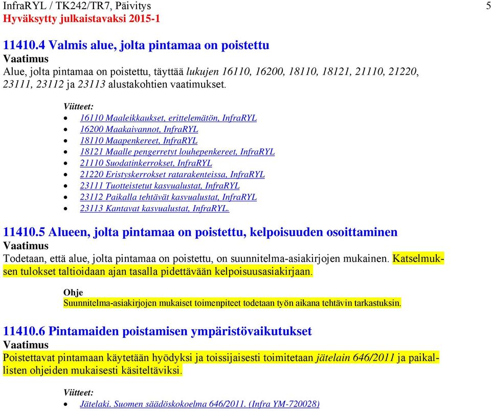 16110 Maaleikkaukset, erittelemätön, InfraRYL 16200 Maakaivannot, InfraRYL 18110 Maapenkereet, InfraRYL 18121 Maalle pengerretyt louhepenkereet, InfraRYL 21110 Suodatinkerrokset, InfraRYL 21220