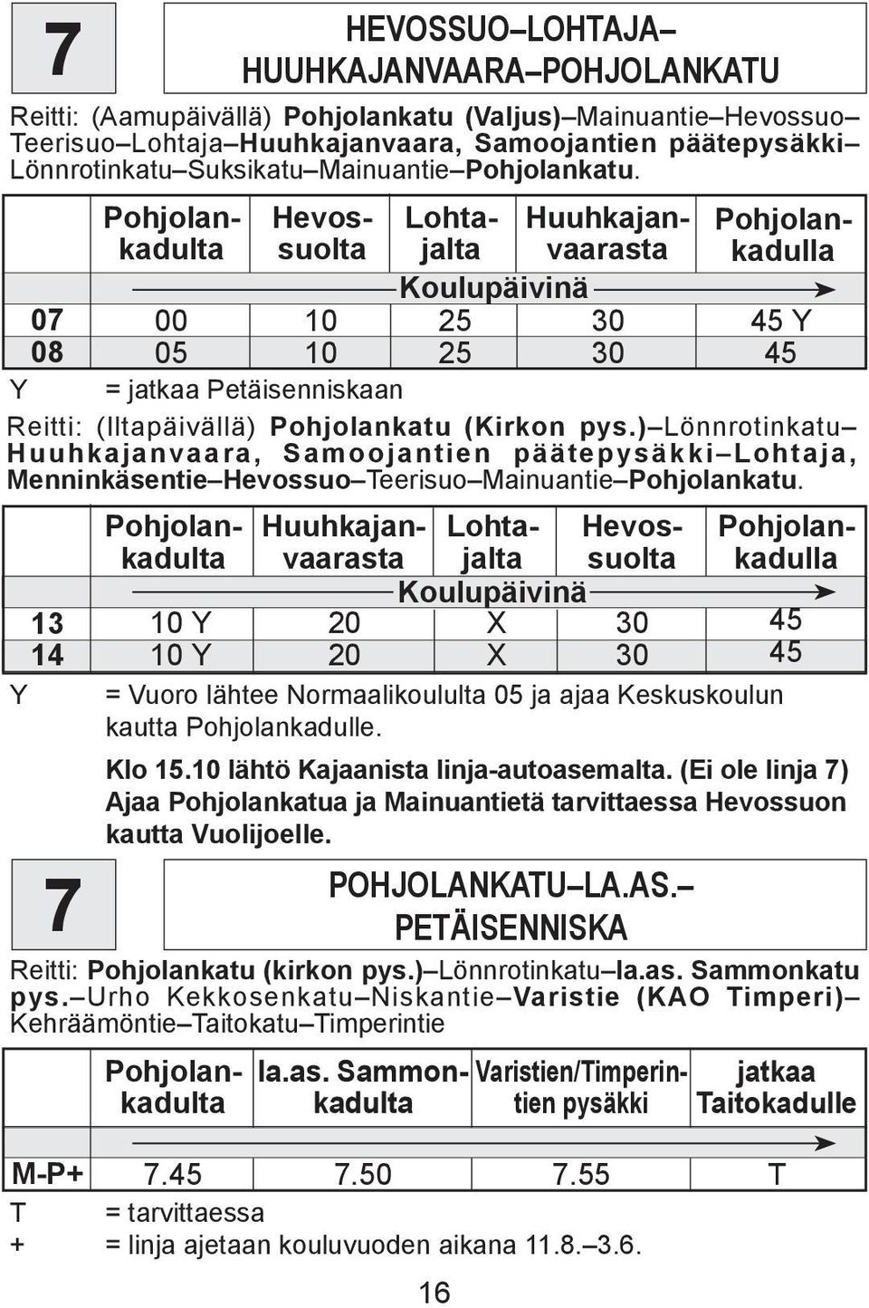 Y 7 Pohjolankadulla Huuhkajanvaarastjalta Lohta- Koulupäivinä Pohjolankadultsuoltjaltvaarastkadulla Hevos- Lohta- Huuhkajan- Pohjolan- Koulupäivinä 00 05 30 30 45 Y 45 Y = jatkaa Petäisenniskaan