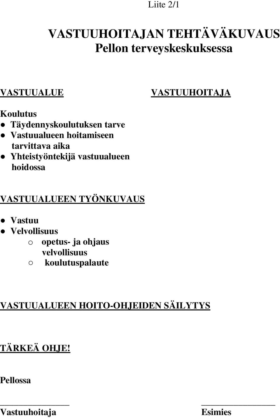 vastuualueen hoidossa VASTUUALUEEN TYÖNKUVAUS Vastuu Velvollisuus o opetus- ja ohjaus