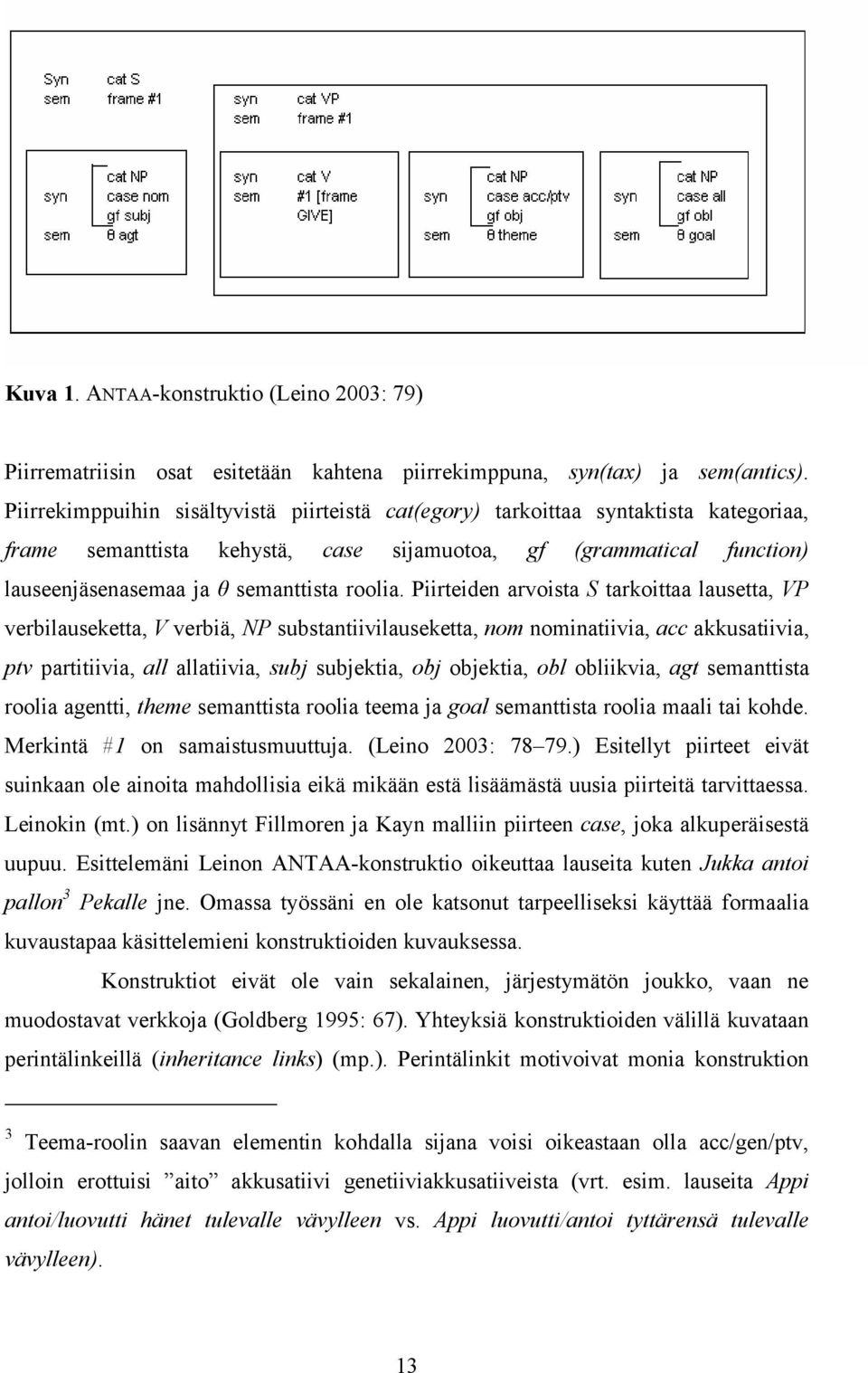 Piirteiden arvoista S tarkoittaa lausetta, VP verbilauseketta, V verbiä, NP substantiivilauseketta, nom nominatiivia, acc akkusatiivia, ptv partitiivia, all allatiivia, subj subjektia, obj objektia,