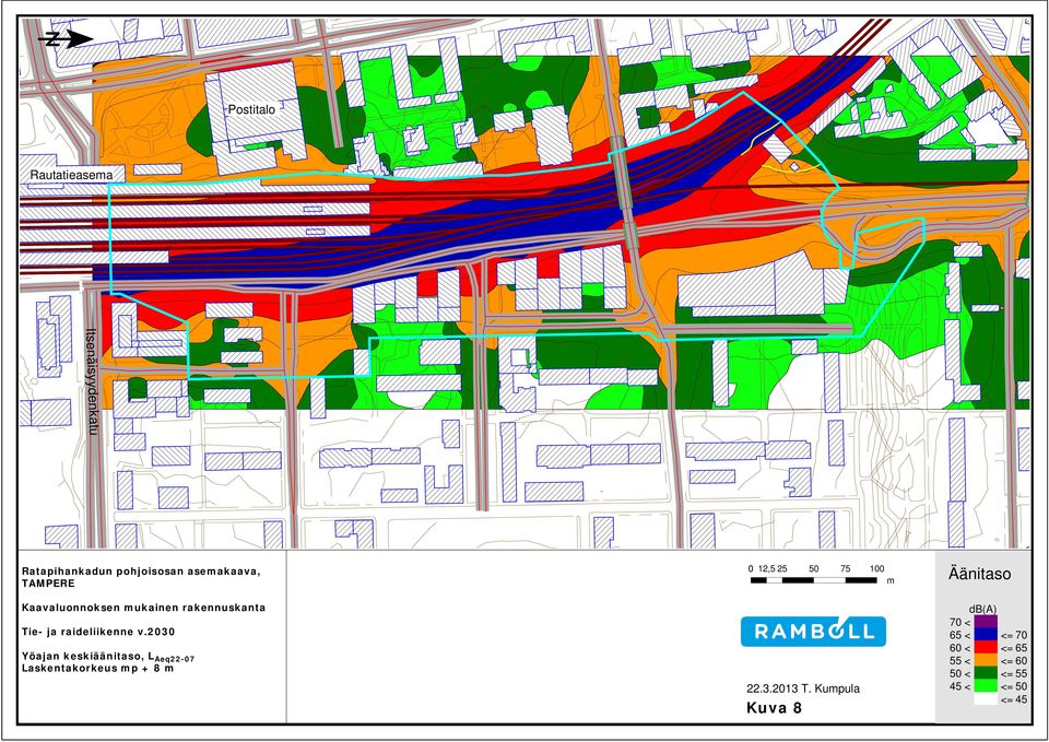 2030 Yöajan keskiäänitaso, L Aeq22-07 Laskentakorkeus mp + 8 m 0 12,5 25 50 75 100 m