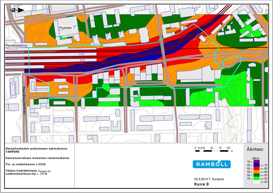 2030 Yöajan keskiäänitaso, L Aeq22-07 Laskentakorkeus mp + 14 m 0 12,5 25 50 75 100 m