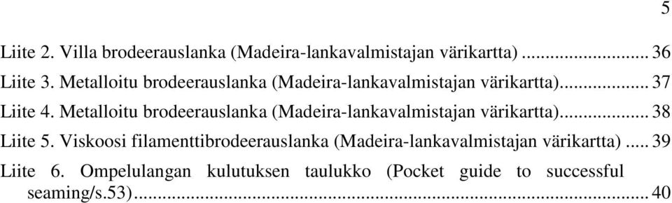 Metalloitu brodeerauslanka (Madeira-lankavalmistajan värikartta)... 38 Liite 5.