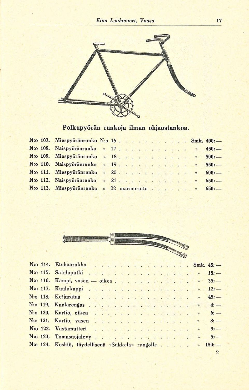 Miespyöränrunko 22 marmoroitu 650: N:o 114. Etuhaarukka Smk, 45: N:o 115, Satulaputki 18: N:o 116.