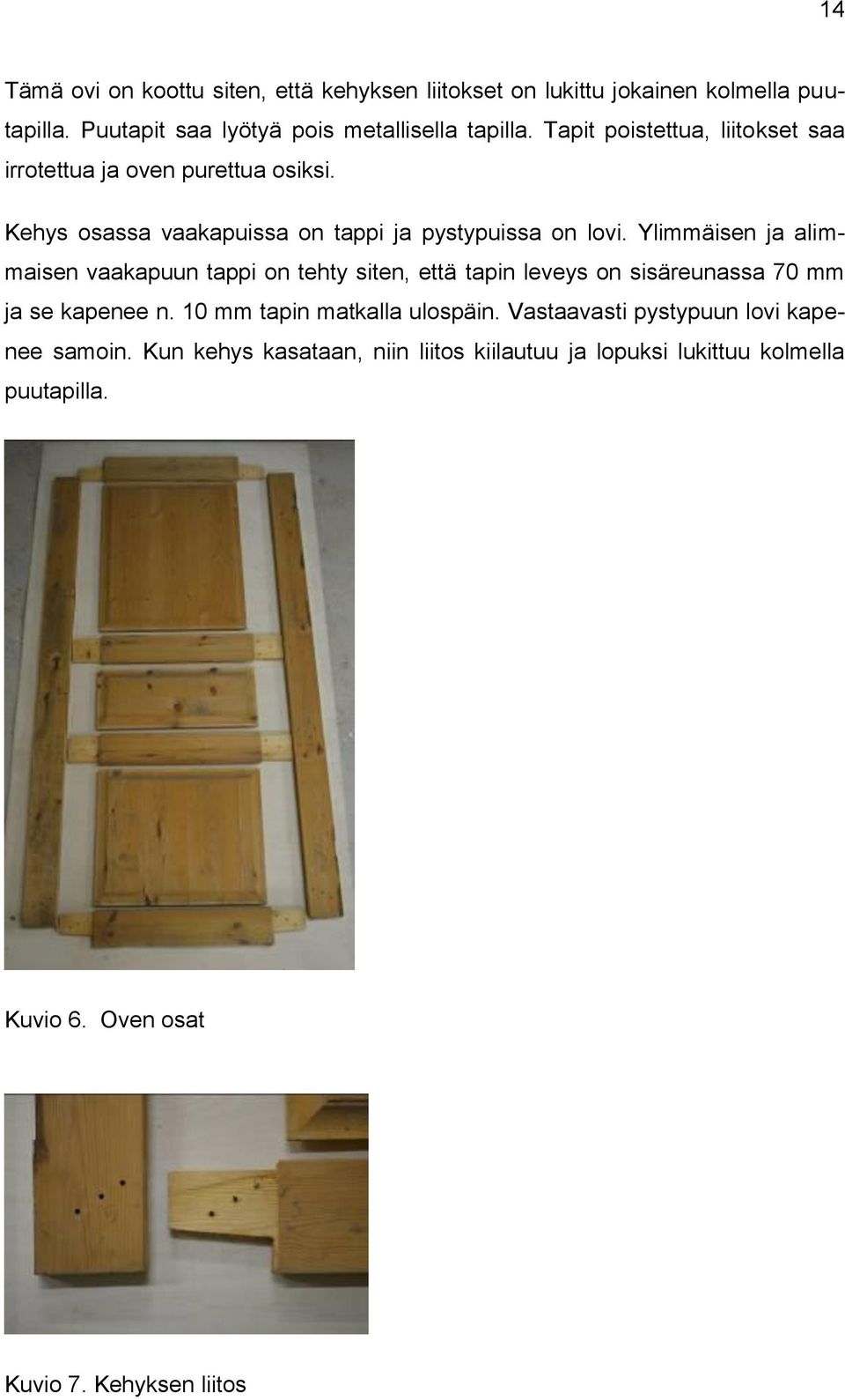 Ylimmäisen ja alimmaisen vaakapuun tappi on tehty siten, että tapin leveys on sisäreunassa 70 mm ja se kapenee n. 10 mm tapin matkalla ulospäin.