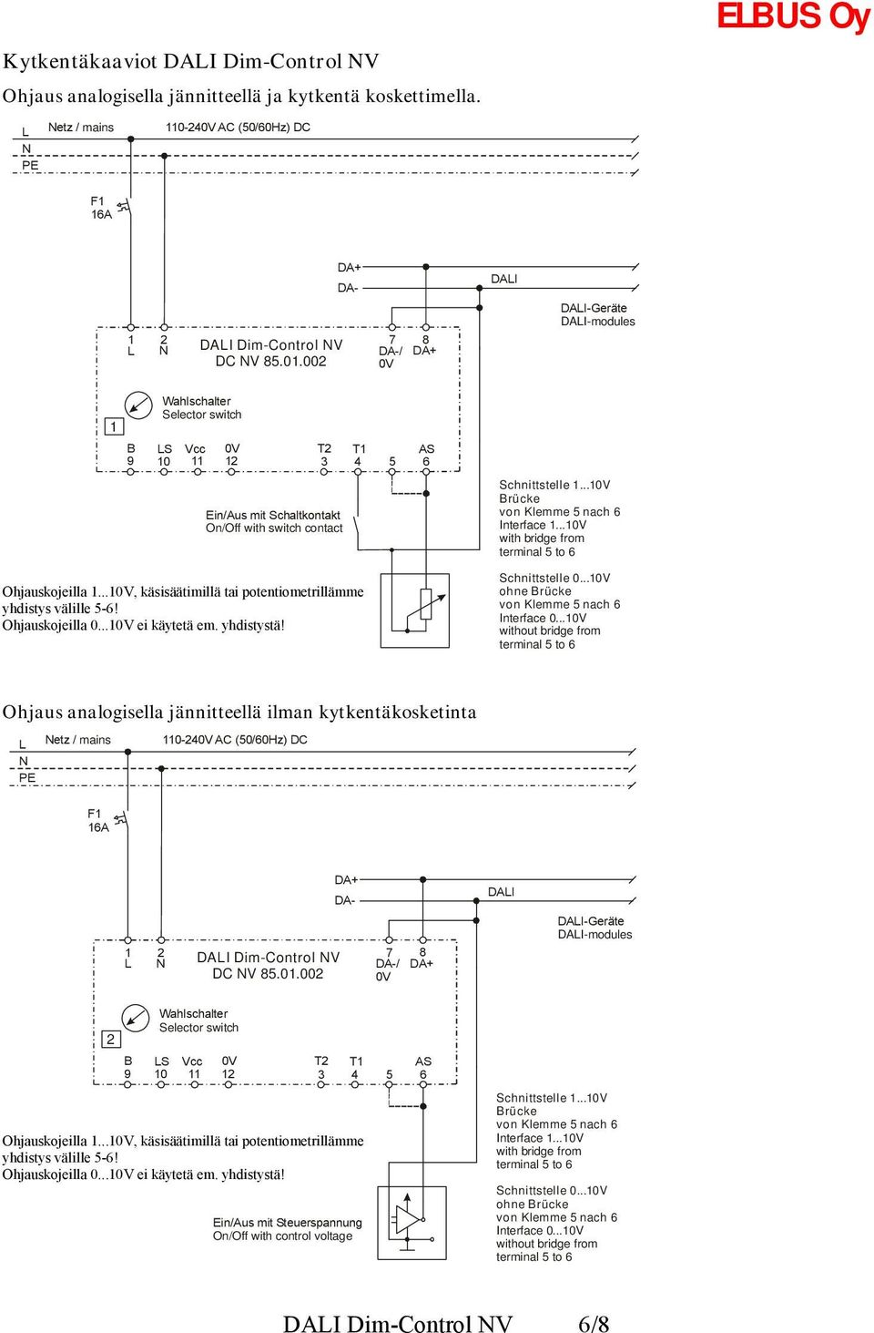 ..10V, käsisäätimillä tai potentiometrillämme yhdistys välille 5-6! Ohjauskojeilla 0...10V ei käytetä em. yhdistystä! Schnittstelle 1...10V Brücke von Klemme 5 nach 6 Interface 1.