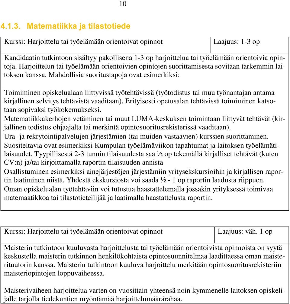 Harjoittelun tai työelämään orientoivien opintojen suorittamisesta sovitaan tarkemmin laitoksen kanssa.