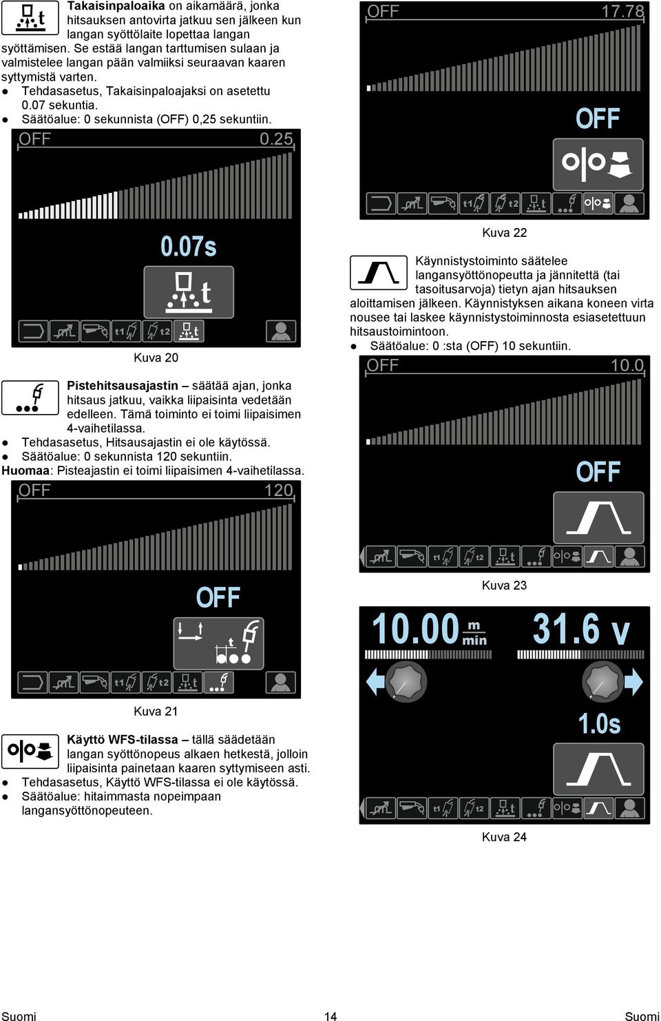 Säätöalue: 0 sekunnista (OFF) 0,25 sekuntiin. OFF 0.25 OFF 17.78 OFF t1 t2 t1 t2 Kuva 20 0.07s Pistehitsausajastin säätää ajan, jonka hitsaus jatkuu, vaikka liipaisinta vedetään edelleen.