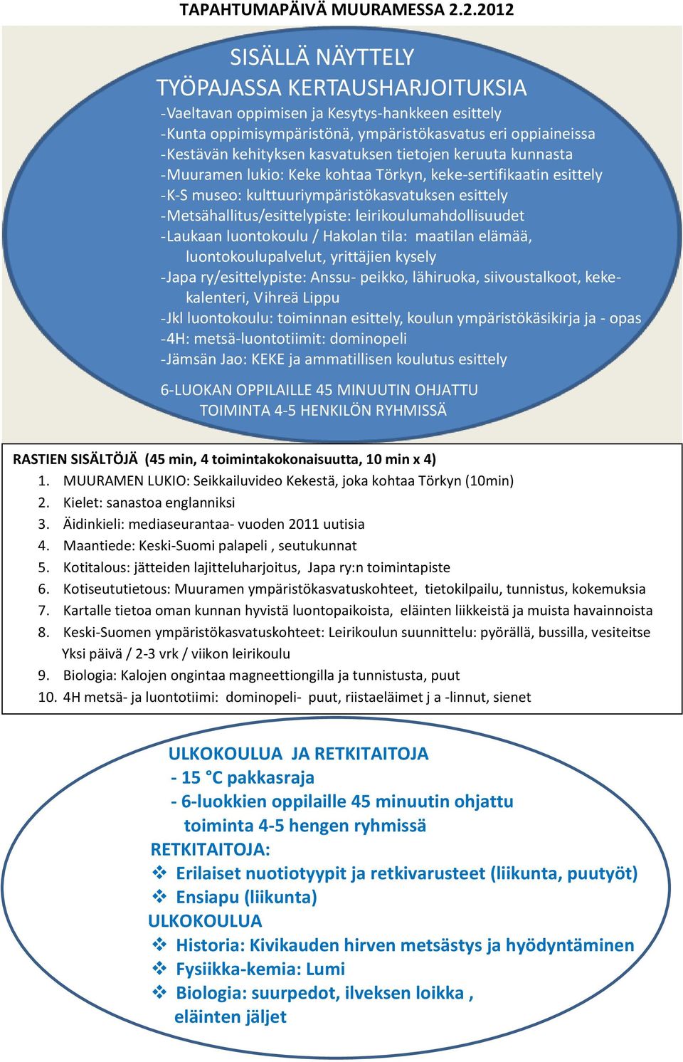 kasvatuksen tietojen keruuta kunnasta - Muuramen lukio: Keke kohtaa Törkyn, keke-sertifikaatin esittely - K-S museo: kulttuuriympäristökasvatuksen esittely - Metsähallitus/esittelypiste: