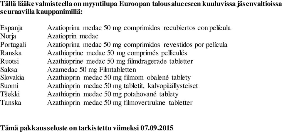 medac 50 mg comprimés pelliculés Azathioprine medac 50 mg filmdragerade tabletter Azamedac 50 mg Filmtabletten Azathioprin medac 50 mg filmom obalené tablety Azathioprin