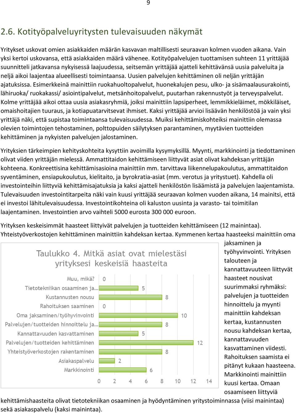 Kotityöpalvelujen tuottamisen suhteen 11 yrittäjää suunnitteli jatkavansa nykyisessä laajuudessa, seitsemän yrittäjää ajatteli kehittävänsä uusia palveluita ja neljä aikoi laajentaa alueellisesti