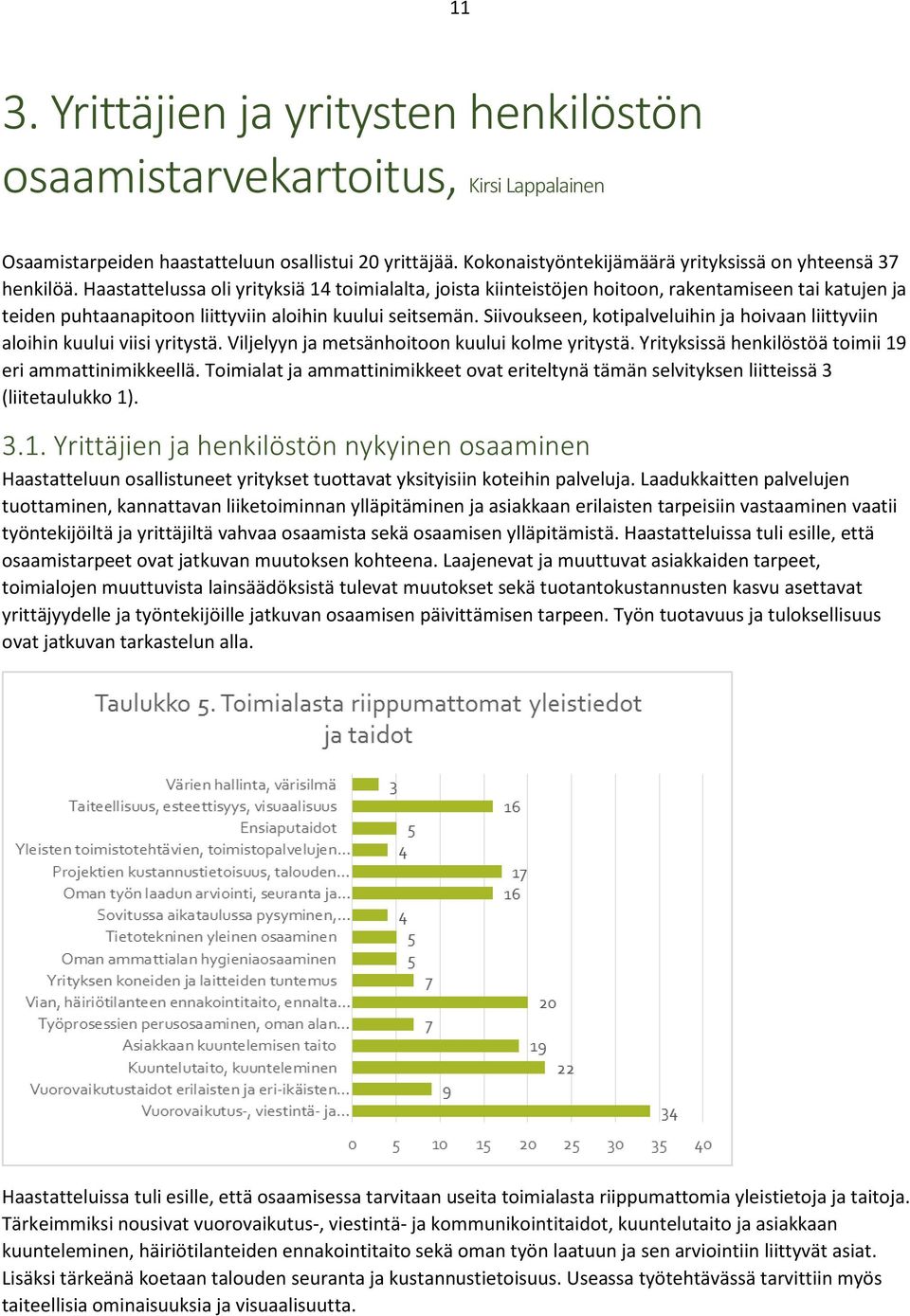 Siivoukseen, kotipalveluihin ja hoivaan liittyviin aloihin kuului viisi yritystä. Viljelyyn ja metsänhoitoon kuului kolme yritystä. Yrityksissä henkilöstöä toimii 19 eri ammattinimikkeellä.