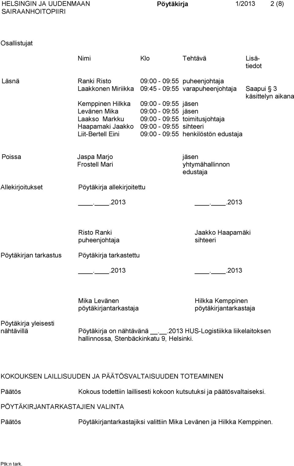 henkilöstön edustaja Poissa Jaspa Marjo jäsen Frostell Mari yhtymähallinnon edustaja Allekirjoitukset Pöytäkirja allekirjoitettu..2013.