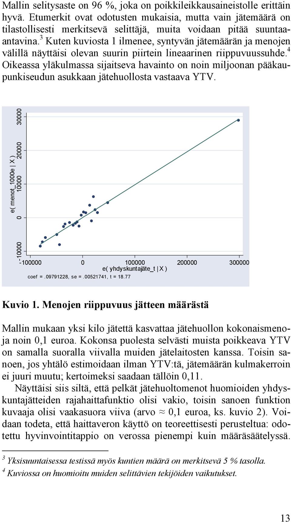 3 Kuten kuviosta 1 ilmenee, syntyvän jätemäärän ja menojen välillä näyttäisi olevan suurin piirtein lineaarinen riippuvuussuhde.