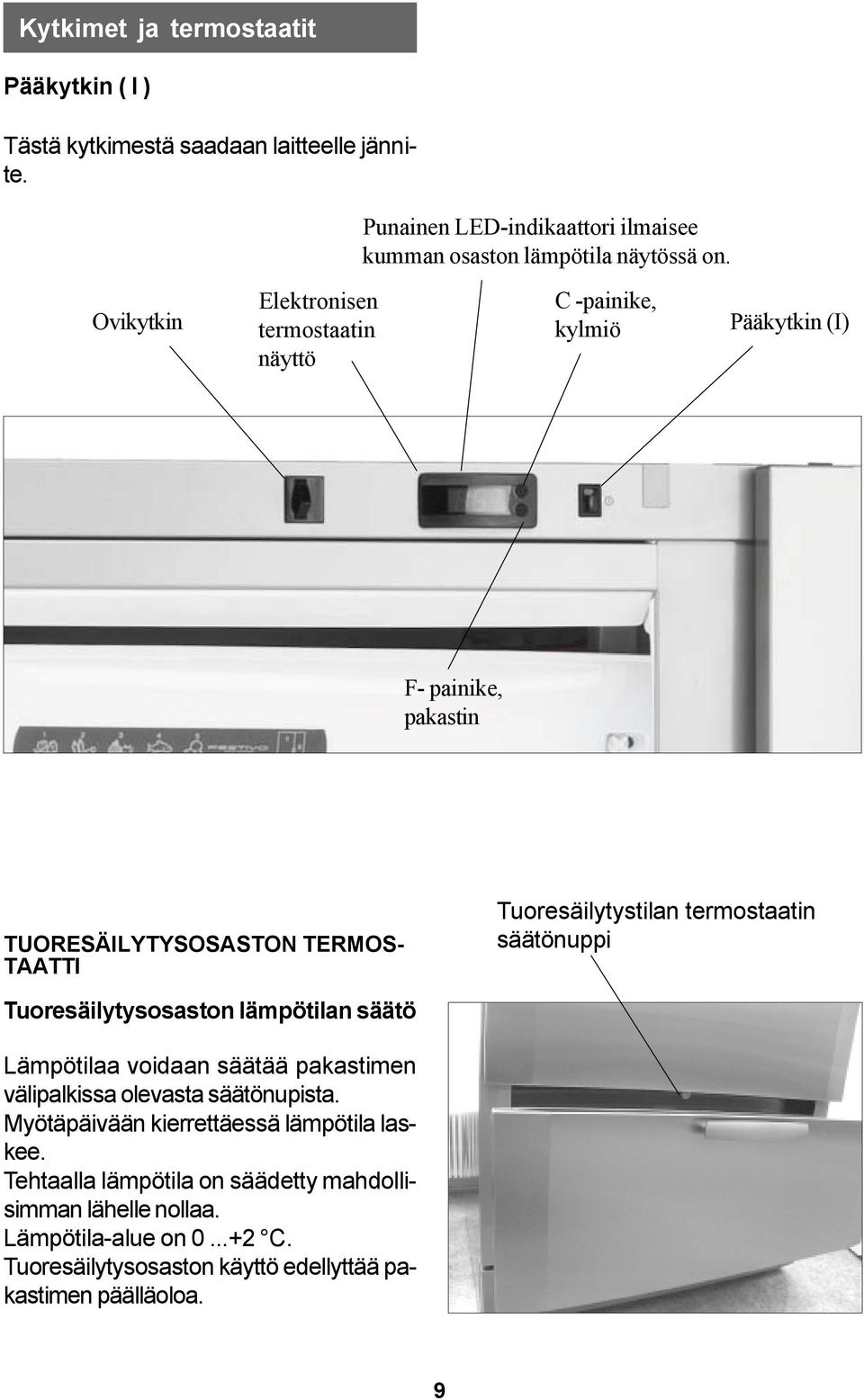 termostaatin säätönuppi Tuoresäilytysosaston lämpötilan säätö Lämpötilaa voidaan säätää pakastimen välipalkissa olevasta säätönupista.