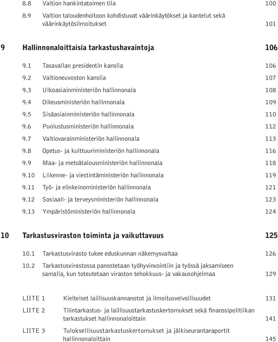 6 Puolustusministeriön hallinnonala 112 9.7 Valtiovarainministeriön hallinnonala 113 9.8 Opetus- ja kulttuuriministeriön hallinnonala 116 9.9 Maa- ja metsätalousministeriön hallinnonala 118 9.