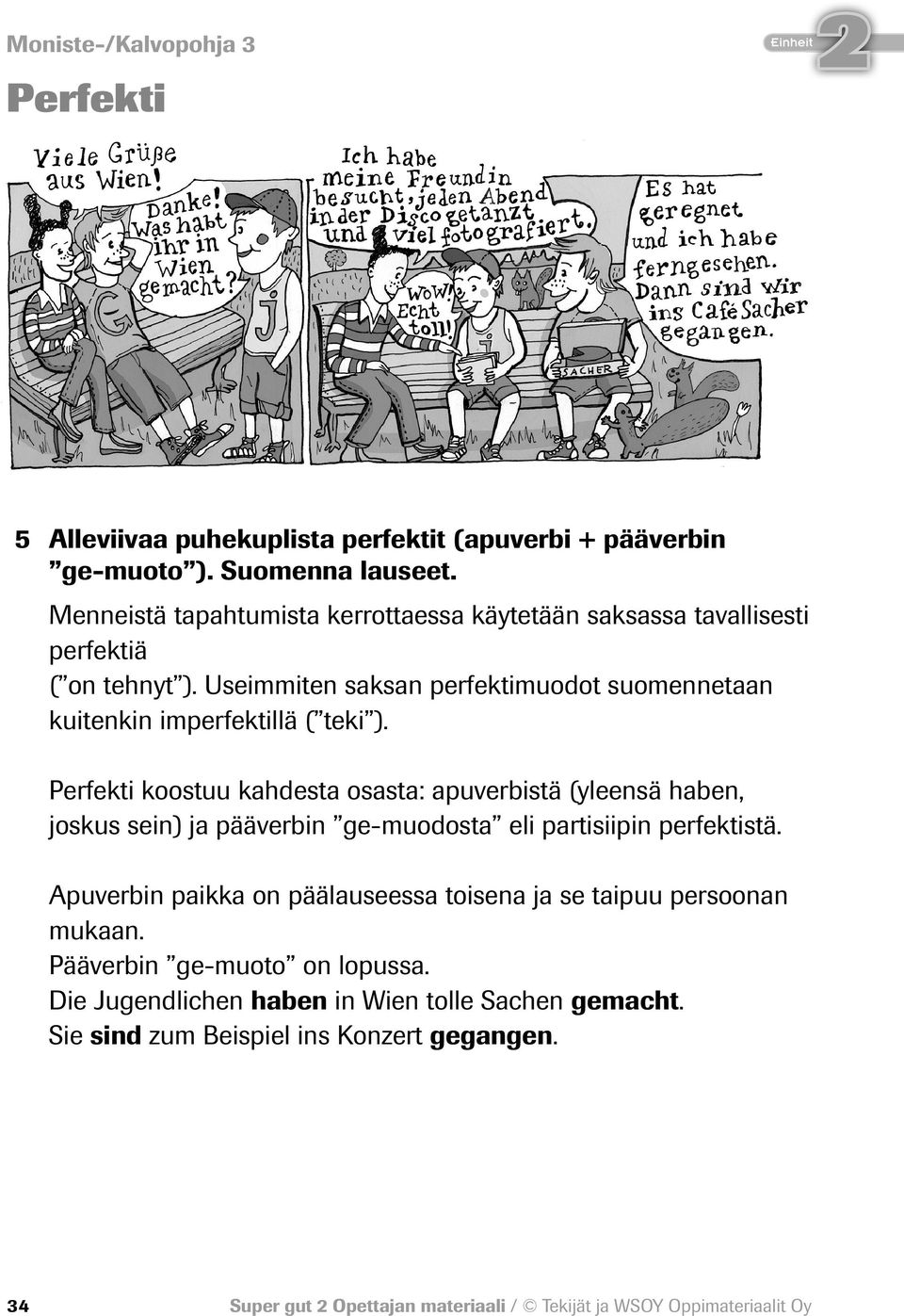 Perfekti koostuu kahdesta osasta: apuverbistä (yleensä haben, joskus sein) ja pääverbin ge-muodosta eli partisiipin perfektistä.