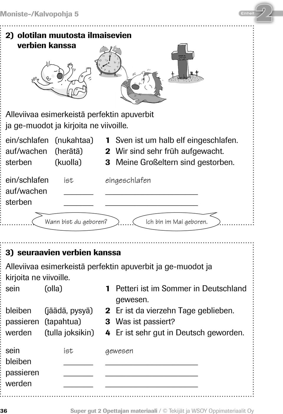 ein/schlafen ist eingeschlafen auf/wachen sterben Wann bist du geboren? Ich bin im Mai geboren.