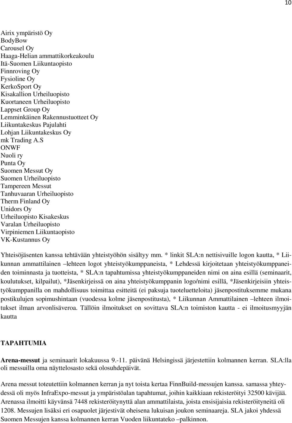 S ONWF Nuoli ry Punta Oy Suomen Messut Oy Suomen Urheiluopisto Tampereen Messut Tanhuvaaran Urheiluopisto Therm Finland Oy Unidors Oy Urheiluopisto Kisakeskus Varalan Urheiluopisto Virpiniemen