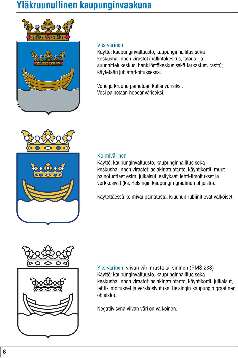 Kolmivärinen Käyttö: kaupunginvaltuusto, kaupunginhallitus sekä keskushallinnon virastot; asiakirjatuotanto, käyntikortit, muut painotuotteet esim.