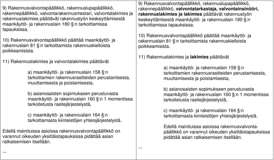 11) Rakennuslakimies ja valvontalakimies päättävät a) maankäyttö- ja rakennuslain 158 :n tarkoittamien rakennusrasitteiden perustamisesta, muuttamisesta ja poistamisesta, b) asianosaisten sopimukseen