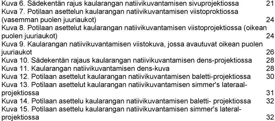 Kaularangan natiivikuvantamisen viistokuva, jossa avautuvat oikean puolen juuriaukot 26 Kuva 10. Sädekentän rajaus kaularangan natiivikuvantamisen dens-projektiossa 28 Kuva 11.