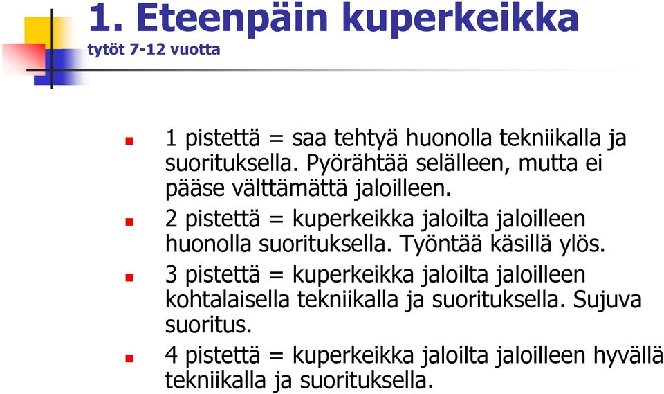 2 pistettä = kuperkeikka jaloilta jaloilleen huonolla suorituksella. Työntää käsillä ylös.