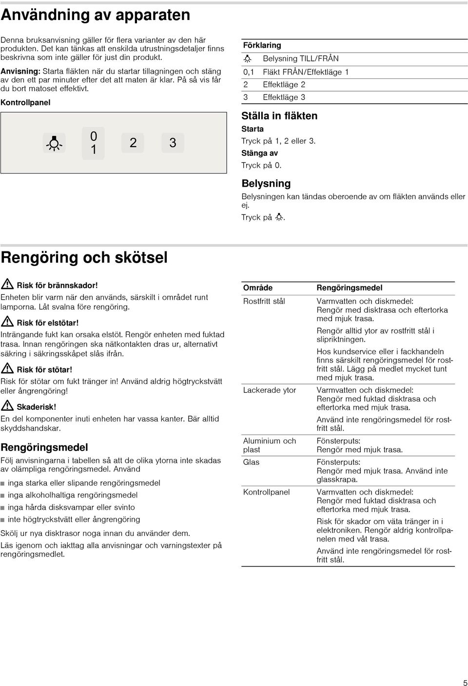 Kontrollpanel Förklaring A Belysning TILL/FRÅN 0,1 Fläkt FRÅN/Effektläge 1 2 Effektläge 2 3 Effektläge 3 Ställa in fläkten Starta Tryck på 1, 2 eller 3. Stänga av Tryck på 0.