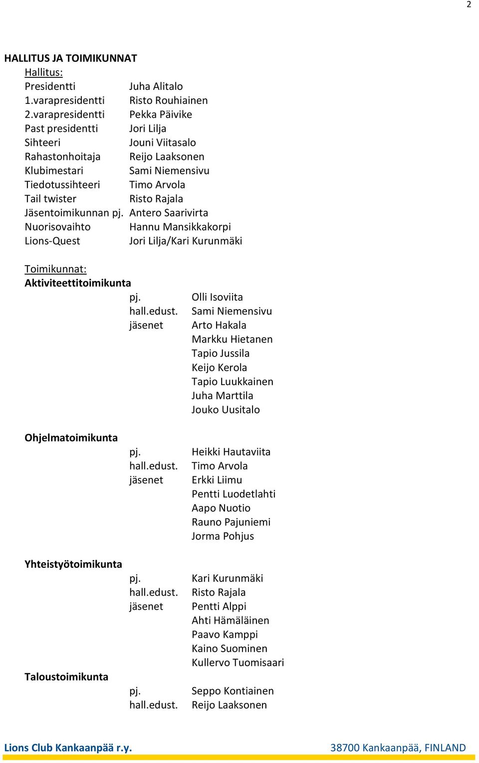 Jäsentoimikunnan Antero Saarivirta Nuorisovaihto Hannu Mansikkakorpi Lions-Quest Jori Lilja/Kari Kurunmäki Toimikunnat: Aktiviteettitoimikunta Olli Isoviita Sami Niemensivu Arto Hakala Markku